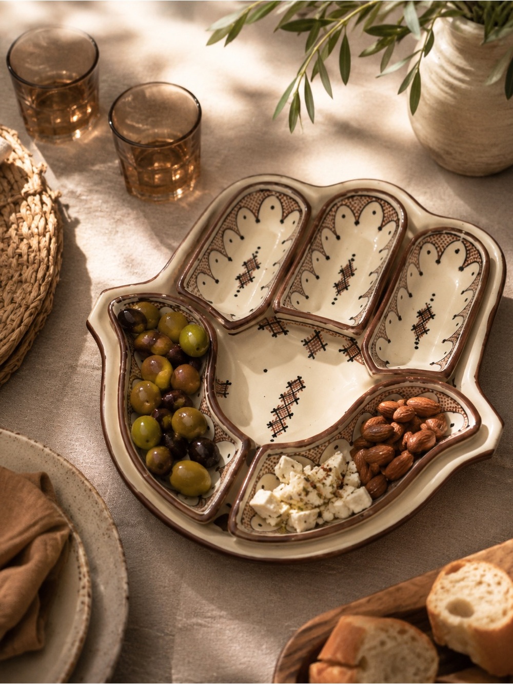Handmade Moroccan Ceramic Hamsa Serving Set‎ 6 Piece App Platter Cream Brown